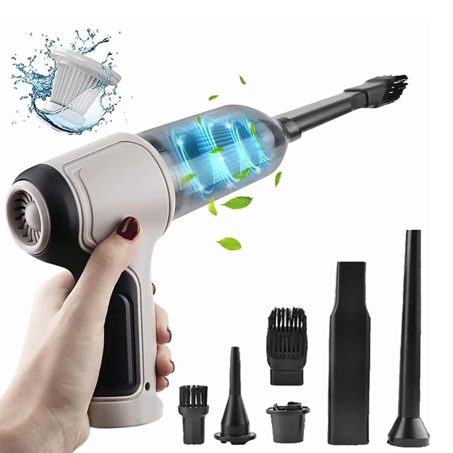 Compact car vacuum cleaner with attachments