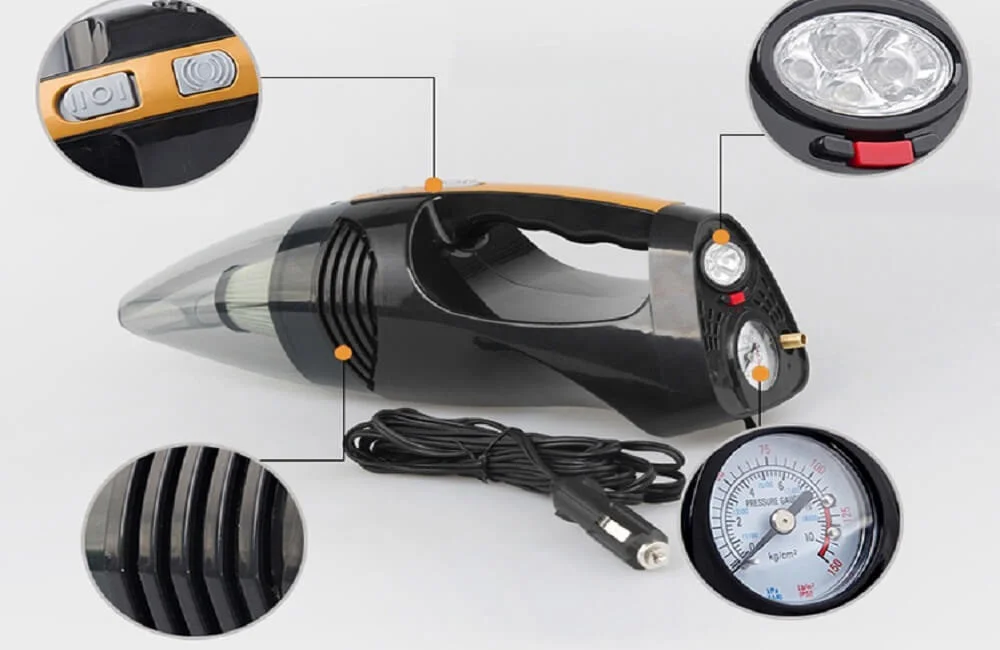Car vacuum cleaner picking up debris from car floor